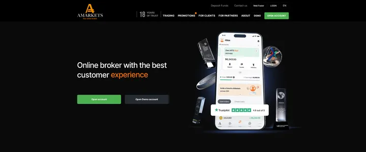 AMarkets homepage headline reading Online broker with the best customer experience service support experience, above a hero illustration
