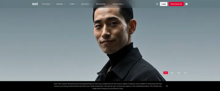 Axi's homepage with an over-the-counter derivatives risk warning banner above an autoplaying product video