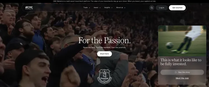 CMC Markets homepage headline 'For the Passion' with the text 'This is what it looks like to be fully invested' over a dark trading-themed background