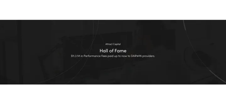 Darwinex Hall of Fame page reading 11.3 million dollars in performance fees paid to DARWIN providers