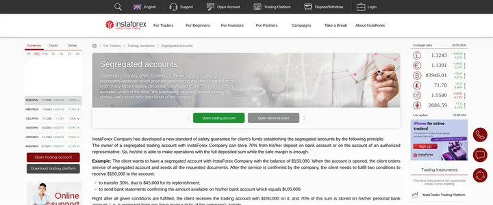 InstaForex's segregated accounts page, illustrating a $150,000 client balance with a 30 percent, $45,000 reserve example