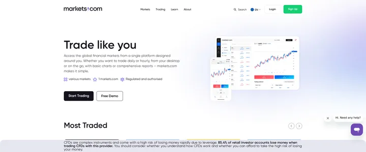 Markets.com trading platform page headed Trade like you, showing Most Traded instruments