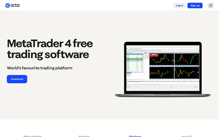 Octa's MetaTrader 4 download page headed 'MetaTrader 4 free trading software'