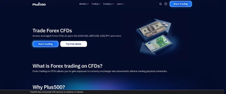 Plus500's Forex CFD product page headed Trade Forex CFDs