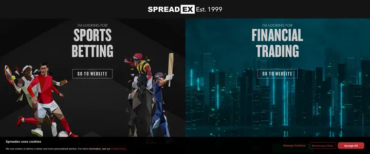 Spreadex's homepage splitting into two paths, 'I'm looking for Sports Betting' and 'I'm looking for Financial Trading', under the Spreadex Est. 1999 logo