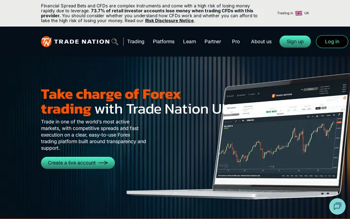 Trade Nation's forex trading page headed 'Take charge of Forex trading with Trade Nation UK'