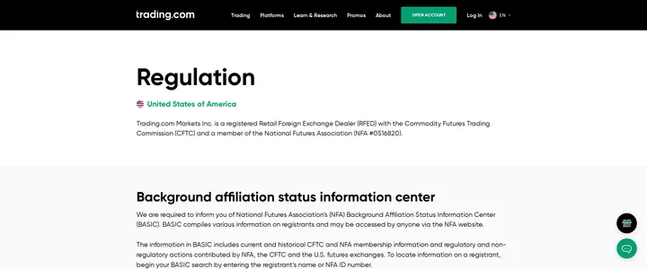 Trading.com's regulation page, quoting its CFTC and NFA registration language