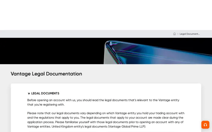 Vantage's legal documentation page listing regulatory entities and legal documents by jurisdiction