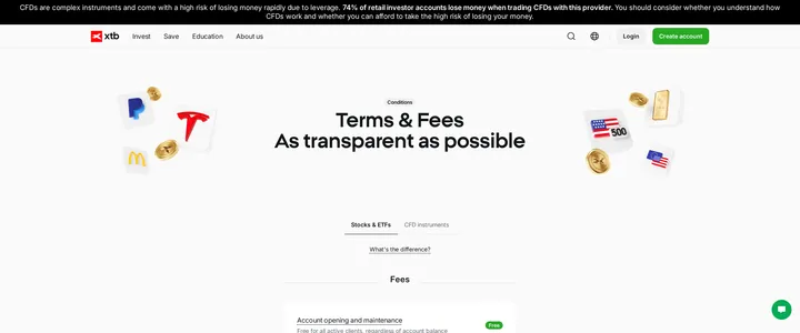XTB's Terms and Fees page, showing account opening and maintenance listed as free for all active clients